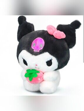 Kuromi Black & White Plush Character with Pink Bow and Strawberry Nwot